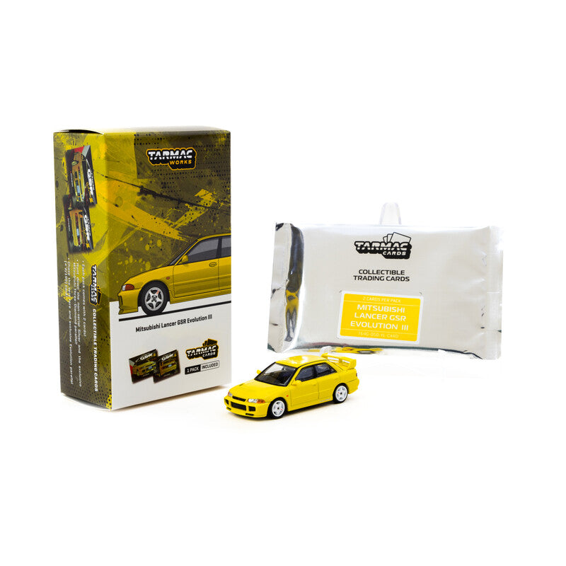 Tarmac Works 1/64 - Mitsubishi Lancer GSR Evolution III | Yellow + Trading Cards