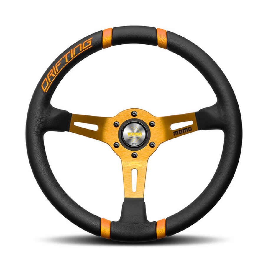 MOMO Drifting Steering Wheel Black Leather Orange Spokes 350mm