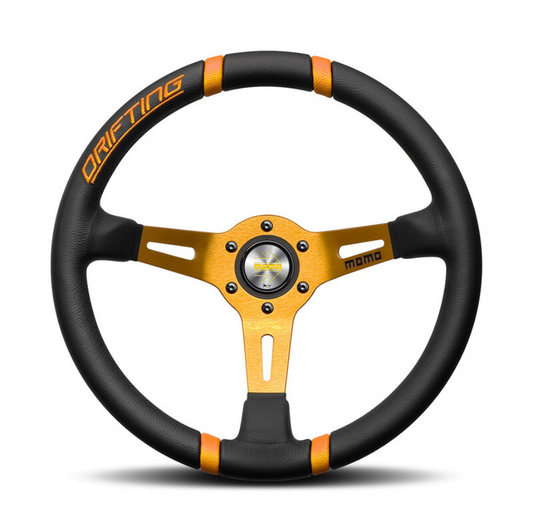 MOMO Drifting Steering Wheel Black Leather Orange Spokes 350mm