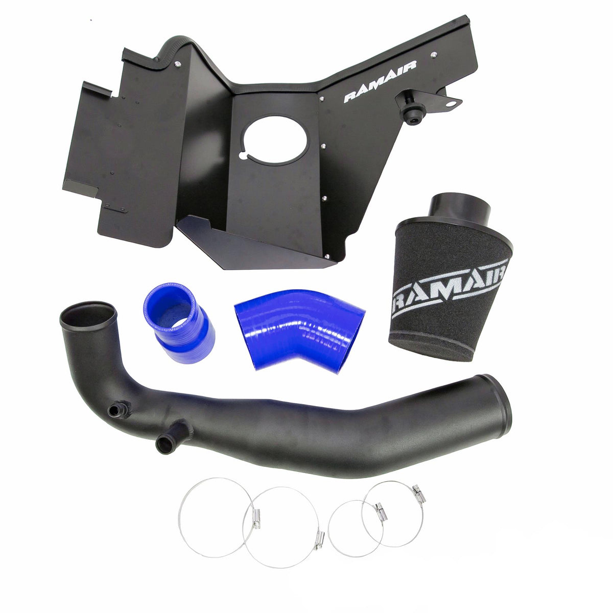 Ramair Foam Air Filter Heat Shield Hard Pipe Induction Kit Ford Mustang 2.3 Ecoboost Jet Stream - Blue hose